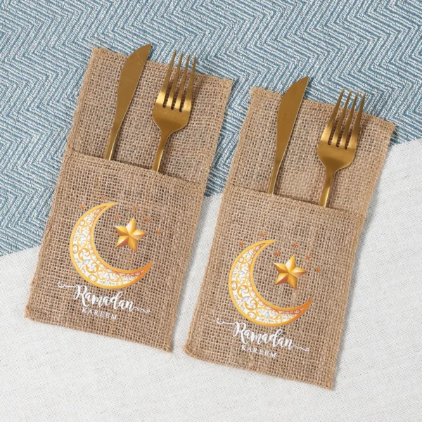 Eid Mubarak Burlap Cutlery Pouch Ramadan Decor for Home 2025 Table Decor Ramadan Kareem Islamic Muslim Party Eid Al-Fitr Gifts - Image 5