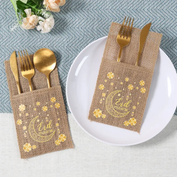 Eid Mubarak Burlap Cutlery Pouch Ramadan Decor for Home 2025 Table Decor Ramadan Kareem Islamic Muslim Party Eid Al-Fitr Gifts - Image 4